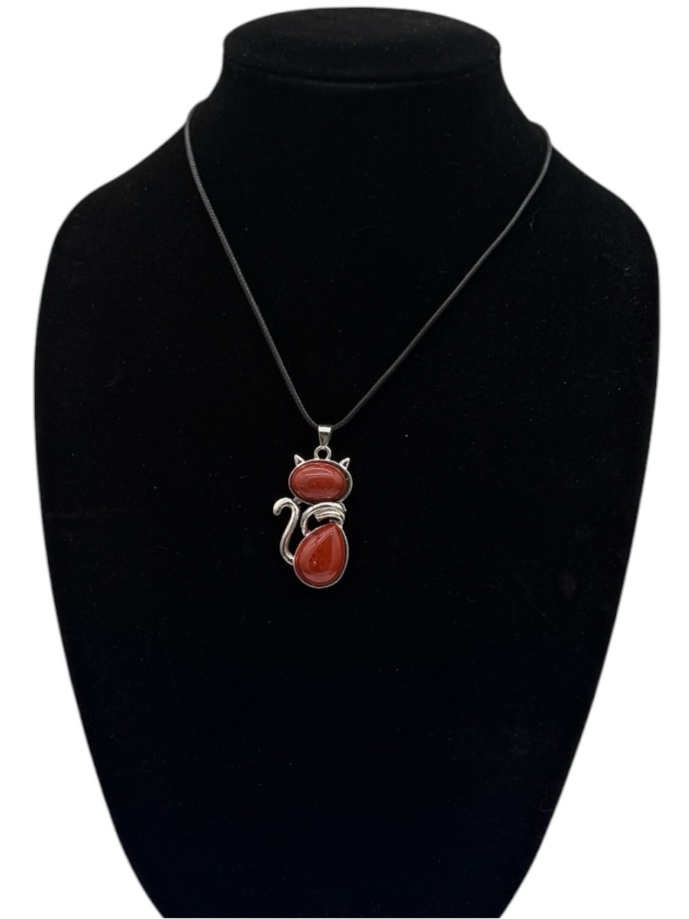 Red Jasper- Chalcedony- Stone Cat Necklace on Silver Alloy- Boho- Natural- Cat